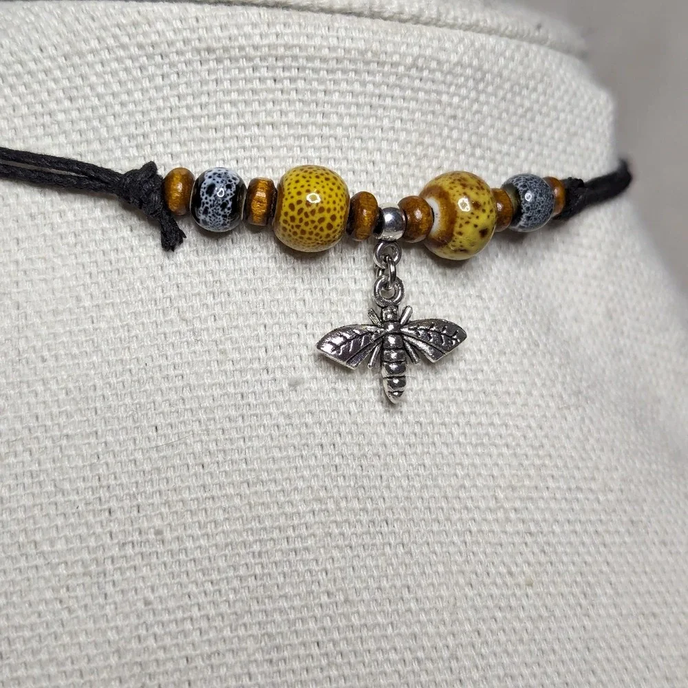 Silver Bee Charm Yellow Black Ceramic Wood Bead Boho Adjustable Choker Necklace